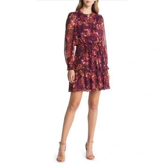 Vince Camuto Dress 2 Women's Purple Floral Chiffon Fit & Flare Tie Belt Buttons - Picture 1 of 7